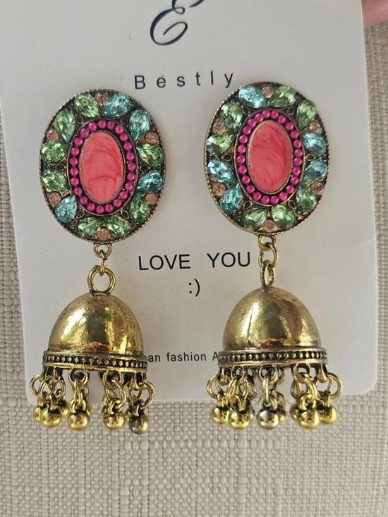 Jewelry - Pakistani Earrings Jhumka Fashion Jewelry Gold Tone Pink Beads Chandelier New